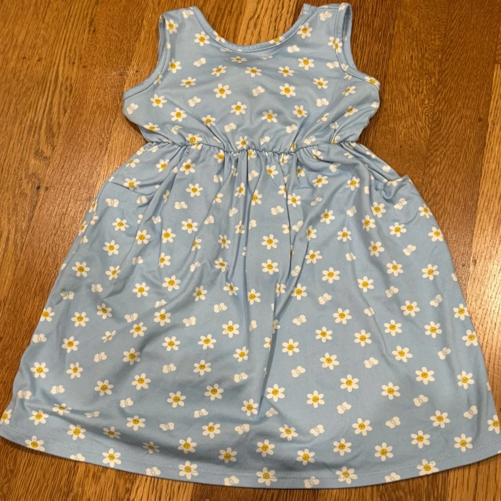 Blue Floral toddler dress sz 2t with flower butterfly design and tie back